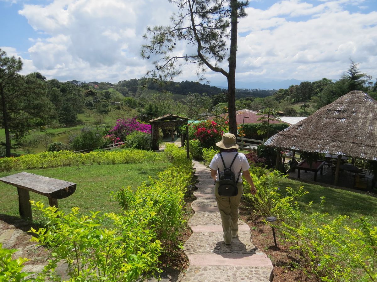 Persona caminando por un sendero entre jardines, con una cabaña de techo de paja y montañas